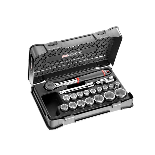Facom S_161-2P6 socket wrench set with ratchet and multiple sockets in black hard case, front angle.