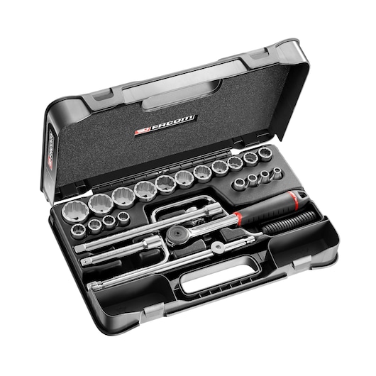 Facom S_161-3P12U socket wrench set in black case, photography of tool kit from angled top view.