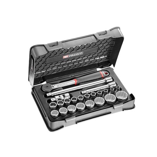 Facom S_161-3P12 socket wrench set with ratchet, extensions, and sockets in black hard case, top angle.