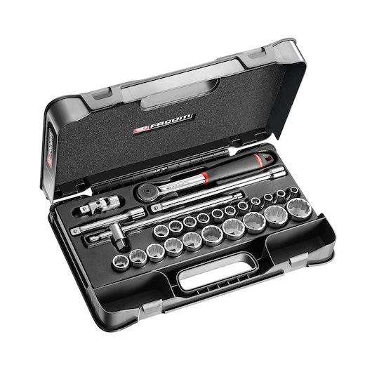Facom S_161-4P12 socket set with ratchet and accessories in black hard case, top angle.