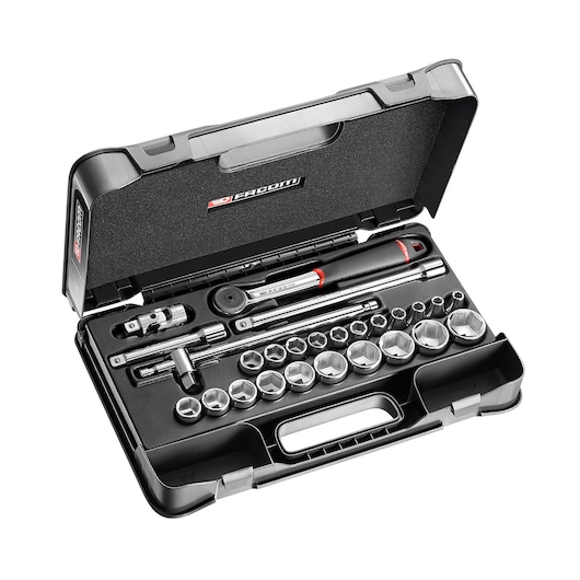 Facom S.161-4P6PB socket wrench set with ratchet, extension bars, and sockets in a black hard case, top view.