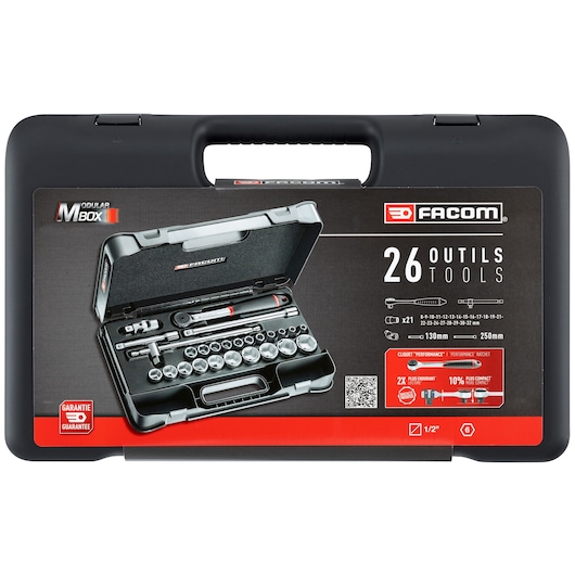 Facom S.161-4P6PB socket set with 26 pieces in a black plastic carry case, photographed from the front on white background.
