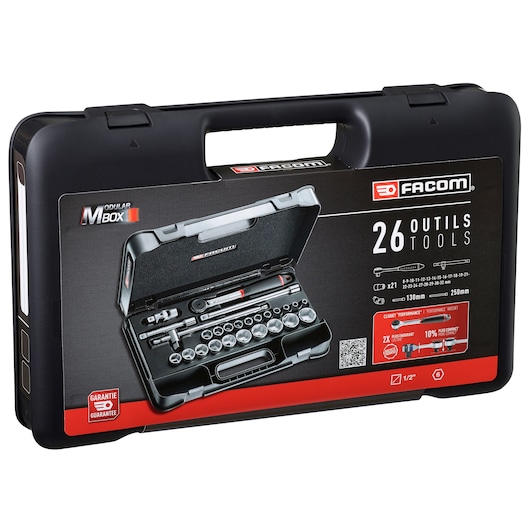 Photo of Facom S.161-4P6PB socket wrench set in black carrying case, front angle, showing 26-piece tool kit details on label.