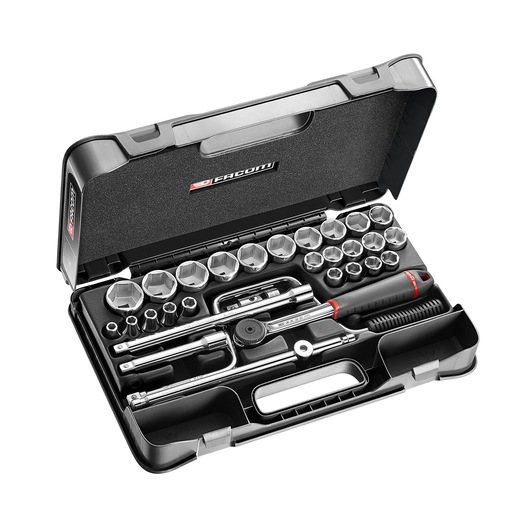 Facom S.161-5P6PB socket and ratchet set with black hard case, various sized sockets and accessories, angled view.