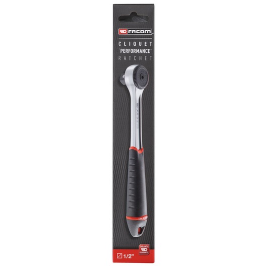 Facom S.161BPB ratchet with black and red ergonomic handle in retail packaging, front angle, on white background.