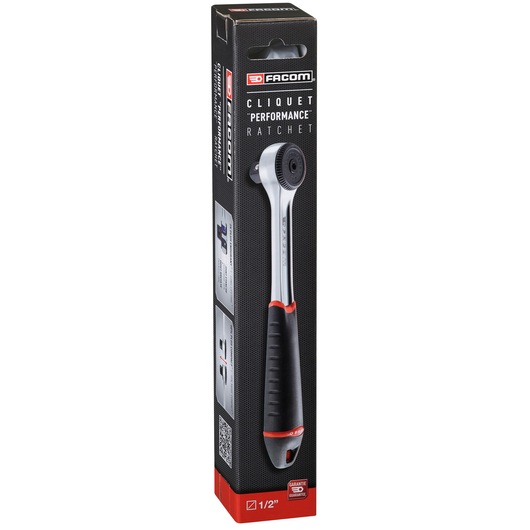 Facom S.161BPB ratchet in black box packaging with red accents, product image and 1/2'' marking, angled view.