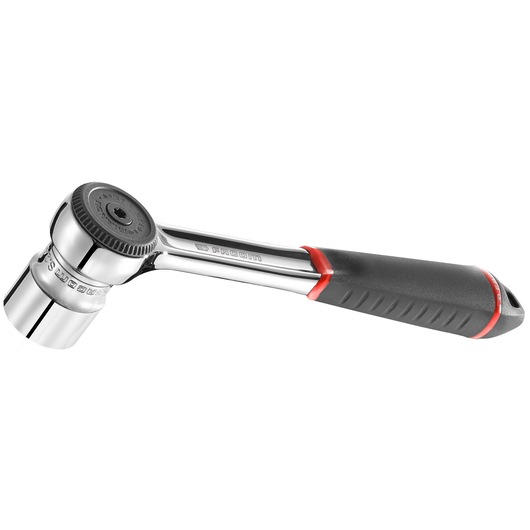 Facom S_161B ratchet wrench with black and red handle and chrome socket, side angle on white background.