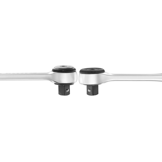Photo of Facom S_161B ratchet wrench side view, silver finish, black gear head, on white background.