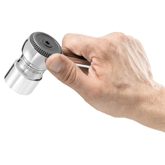A hand holding a Facom S_161B chrome ratchet socket tool against a white background.