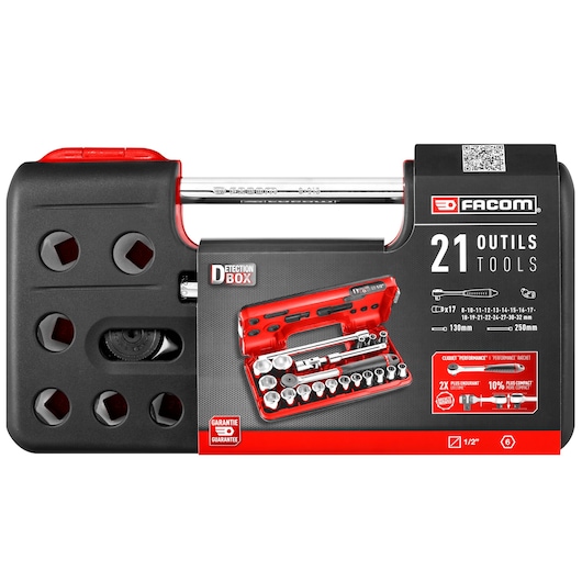 Facom S161DBOX1PB socket and ratchet set in black and red case, 21 tools, photo with a white background.