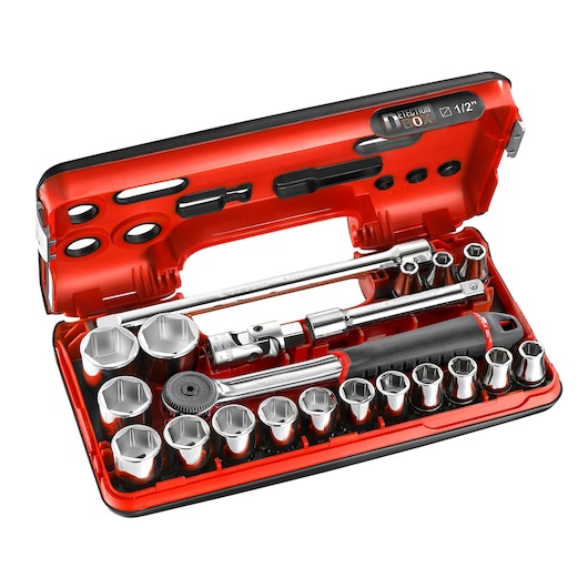 Facom S_161DBOX1 socket wrench and bit set in red hard case, top view on white background.