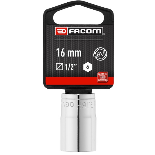 Facom 16 mm socket, chrome finish, 1/2 inch drive, SKU S_16HPB, product photo on white background.