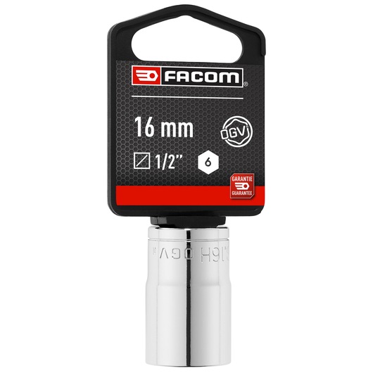 Facom 16mm OGV 1/2" socket, chrome finish, hexagonal, SKU S_16HPB, product photography, front angle.