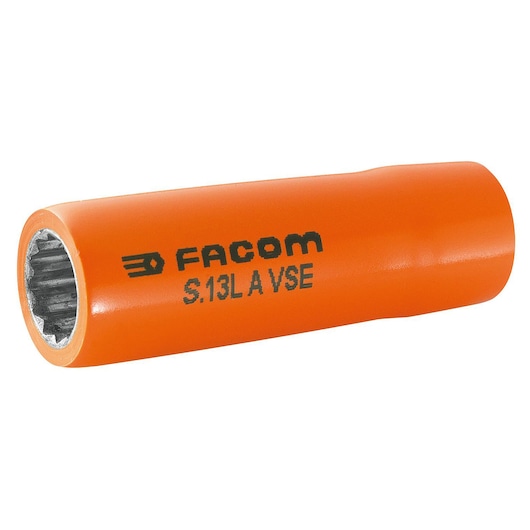 Facom insulated socket tool S_17LAVSE, orange, side angle, visible inner grooves, photography on white background.