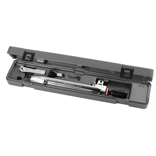 Facom S_203A torque wrench set in grey hard case, top view, showing chrome tool with accessories.