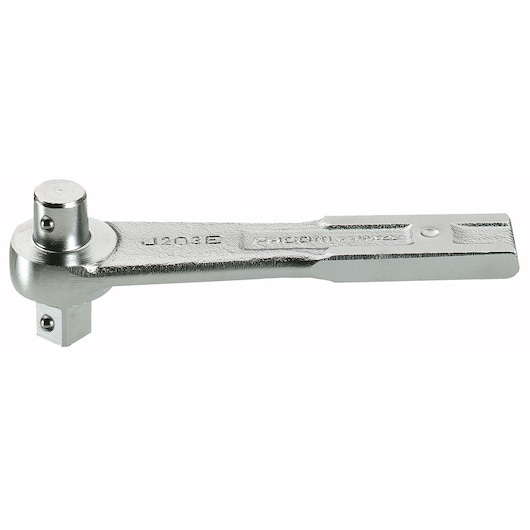 Facom S_203E ratchet handle, silver metal, side view, photography on white background.