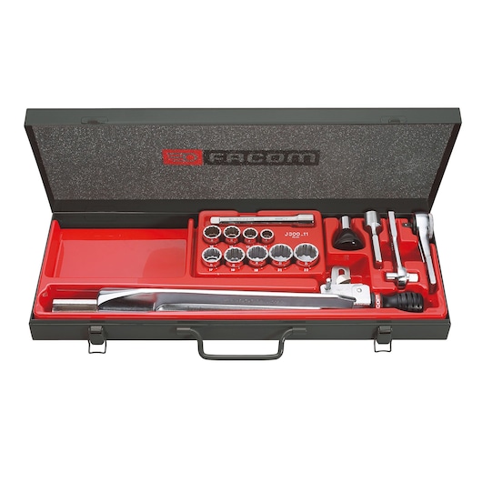 Facom S_205E socket wrench set in black and red case, top view with assorted sockets and tools.