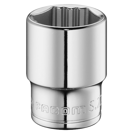 Photo of Facom S.21GRP chrome socket, front angle, with engraved brand name and product number.