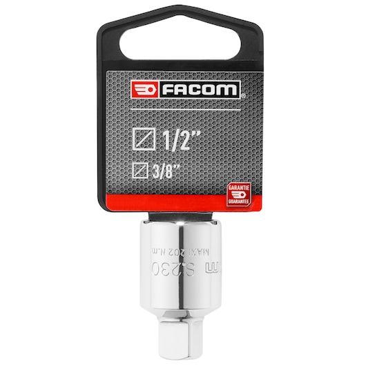 Facom S_230PB chrome adapter socket 1/2 inch to 3/8 inch, front view on white background.