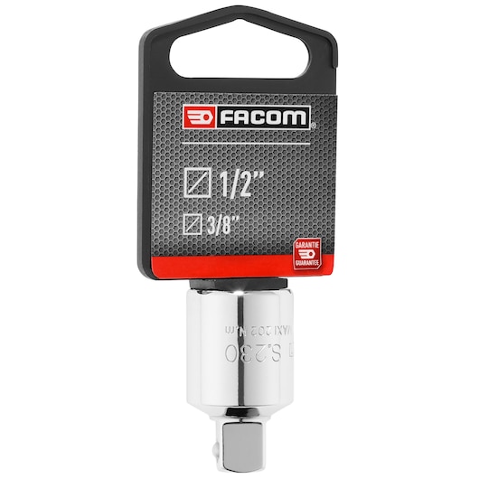 Photo of Facom S_230PB socket adapter, chrome finish, 1/2 inch to 3/8 inch, front angle on white background.
