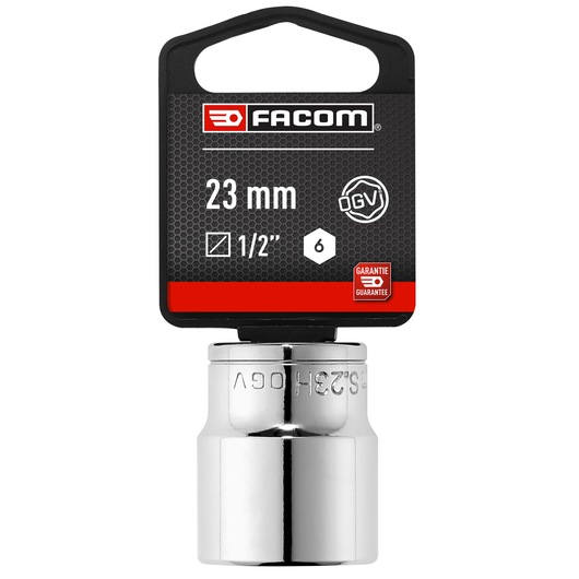 Facom 23 mm chrome socket, SKU S_23HPB, 1/2 inch drive, front angle, photography on white background.