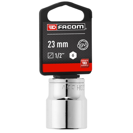 Facom S_23HPB chrome 23mm socket tool, 1/2 inch drive, front angle photo, SKU S_23HPB