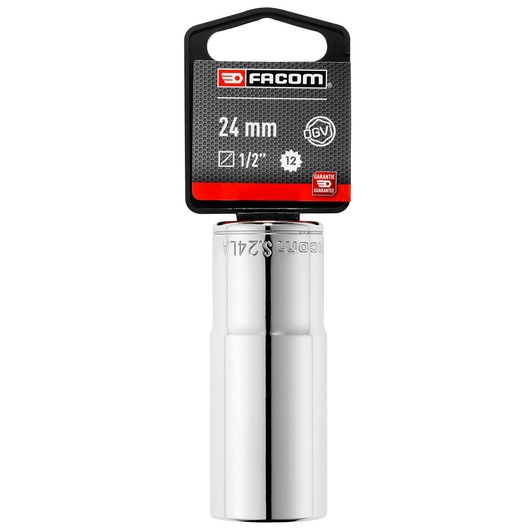 Facom 24 mm 1/2 inch deep 12-point socket, chrome finish, SKU SOCKET_1/2_DEEP_12PT_24MM, front angle.