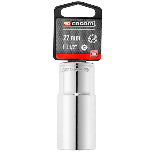 Facom deep 12-point socket 27mm, chrome finish, with 1/2 inch drive, SKU SOCKET_1/2_DEEP_12PT_27MM, front view.