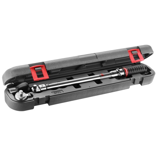 A Facom torque wrench stored in a sturdy black plastic case with red latches. The wrench has a sleek silver finish and a black grip.