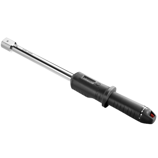 Facom S.307-200D digital torque wrench, black handle and chrome shaft, front angle, photography.