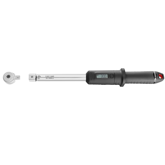 Facom S.307A100 digital torque wrench with detachable head, black and silver, side view on white background.