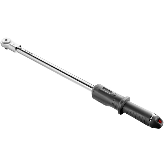 Facom S.307A340 torque wrench with black handle, digital display, and chrome shaft, side angle on white background.