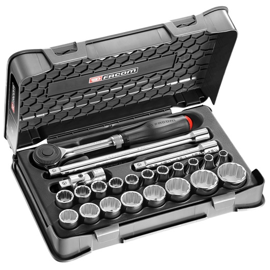 Facom S_360-3P12 socket wrench set in black plastic case, angled view shows tools and multiple sockets.