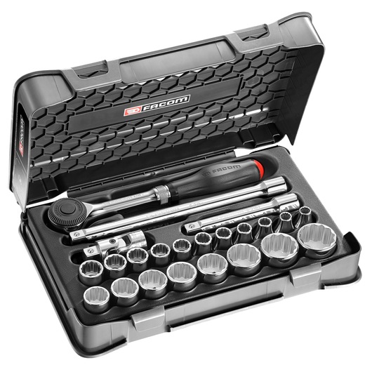 Facom S_360-3P12 socket and ratchet set in black case, includes various sockets and accessories, front angle.