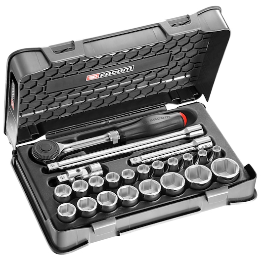 Facom S_360-3P6 socket and ratchet set in black case, angled view, assorted sizes visible.