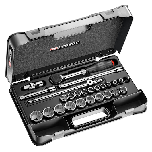 Facom S_360-4P12 socket and ratchet set in black case, product photo, top angle.