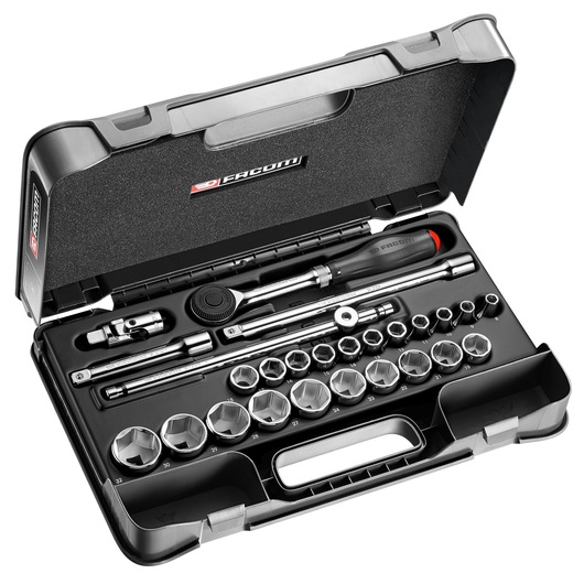 Facom S_360-4P6 socket wrench set in black plastic case, photographed front angle, showing tools and sockets.