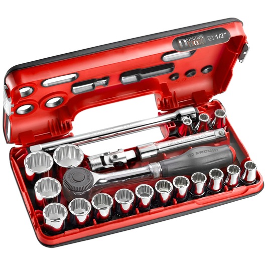 Facom S_360DBOX112 socket and ratchet set in red case, photo from above on white background.