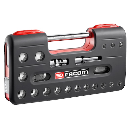 Facom S_360DBOX112 socket and ratchet set in a compact black and red case, product front angle on white background.