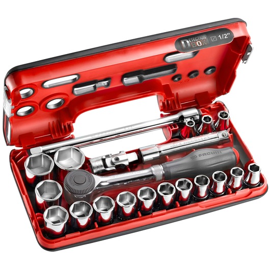 A red and black Facom tool set box containing a collection of socket wrenches and accessories. The box includes a range of chrome sockets, a ratchet handle, extension bars, and other related tools, neatly arranged in fitted slots.