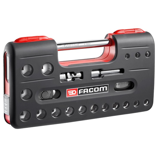 Facom S_360DBOX1 black and red socket set case, front angle, showing sockets and tools.
