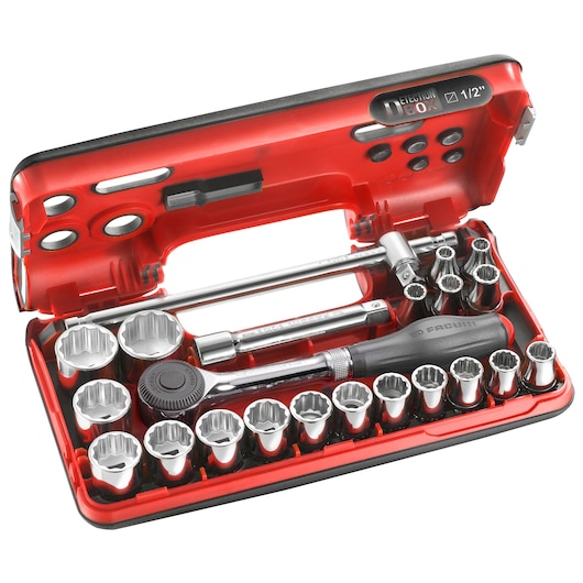 Facom socket wrench set S_360DBOX412 in red case, includes ratchet, sockets and accessories, top angle on white.