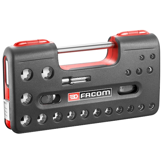 Facom S_360DBOX412 compact black and red socket and bit set in hard plastic case, photographed at angle on white background.