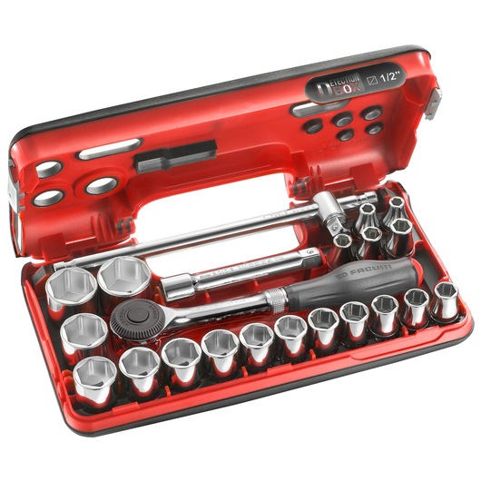 Facom S.360DBOX4PB socket wrench set with multiple chrome sockets and accessories in a red and black hard case, top angle.