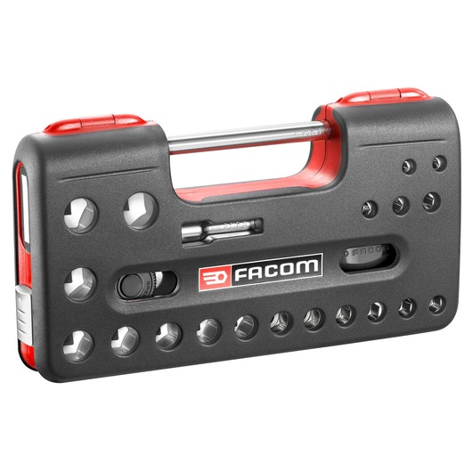 Facom S.360DBOX4PB compact socket set in black and red plastic case, photo angled on white background.
