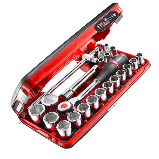 Facom S.360DBOX4PB socket set with ratchet handle, extensions, and multiple sockets in red and black hard case, angled view.