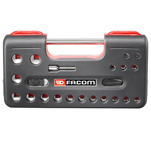 Facom S.360DBOX4PB compact socket and bit set in grey and red hard case, top view on white background.