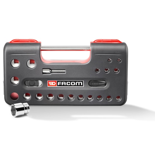 Facom S.360DBOX4PB socket set with black and red compact case, sockets and accessories displayed, front angle.