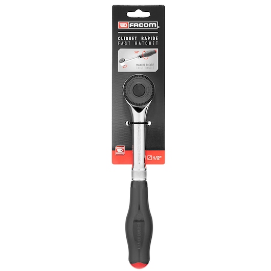 Photo of Facom S_360PB fast ratchet with black ergonomic handle, silver head, and packaging, front angle.