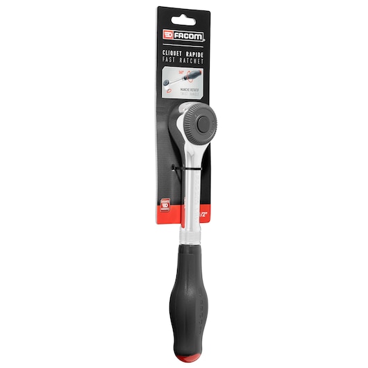Facom S_360PB fast ratchet with black and red handle, photographed upright on white background.